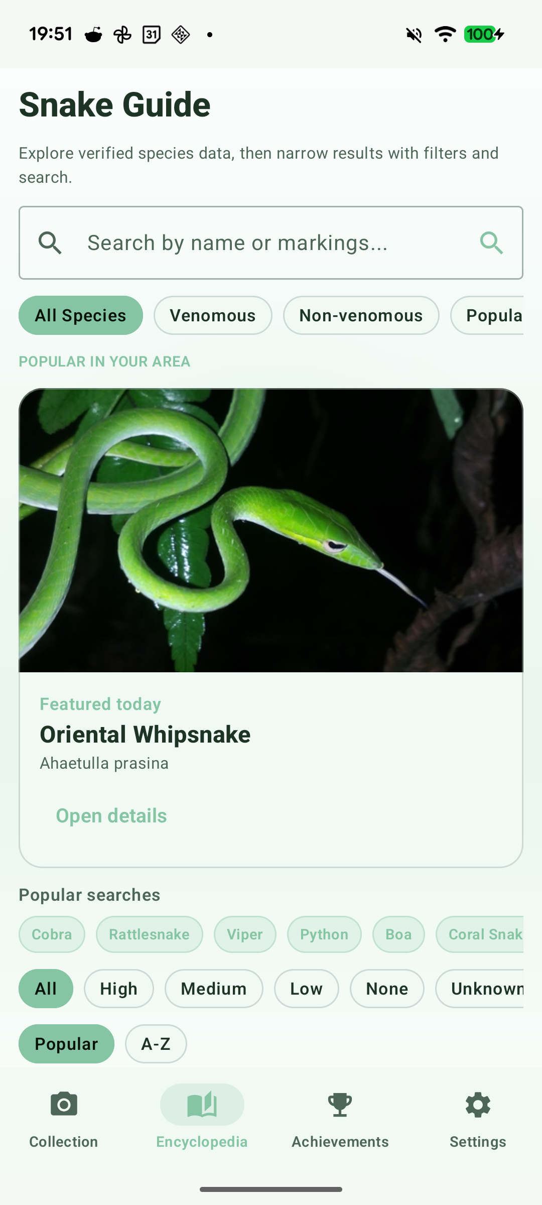 SnakeSnap featured snake guide card with species filters